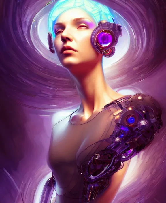 Image similar to a whirlwind of souls rushing inside the metaverse, hologram, half body, neurochip, shaved temple, piercing, jewelry, android, cyborg, cyberpunk face, by loish, d & d, fantasy, intricate, elegant, highly detailed, colorful, digital painting, artstation, concept art, art by artgerm and greg rutkowski and alphonse mucha