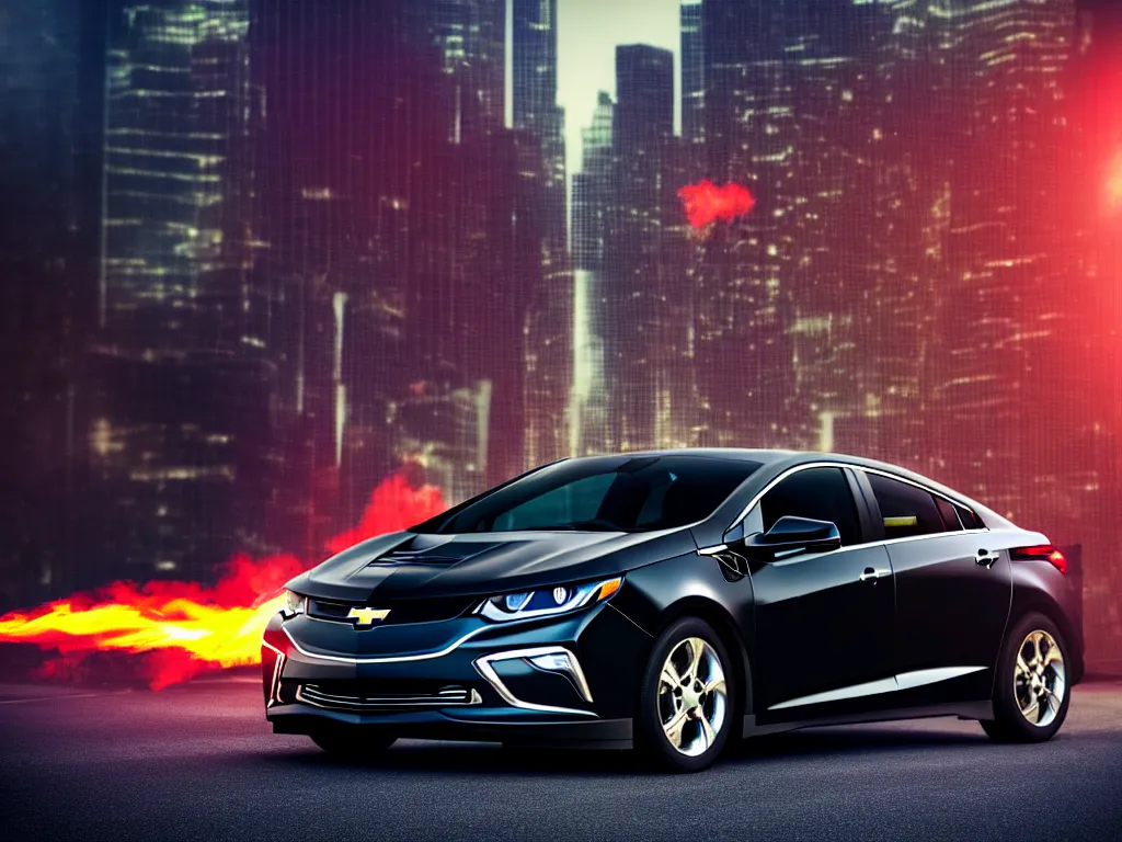 Prompt: black chevy volt close up with a city street background, smoke, fi, chrome, shiny, reflective, metallic, 3 d, render, realistic, hdr, dramatic lighting, flame colors bright