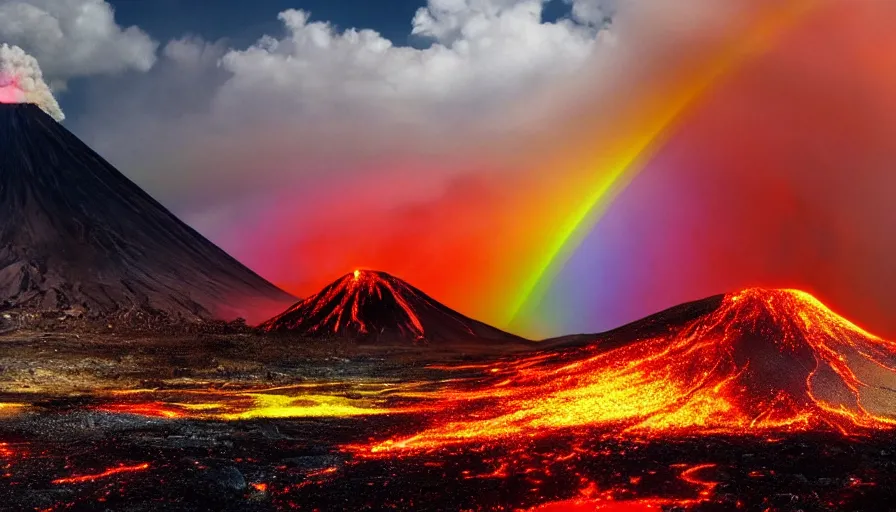 Image similar to a rainbow over an erupting volcano, digital art, highly detailed, realistic, bright colors, 8 k