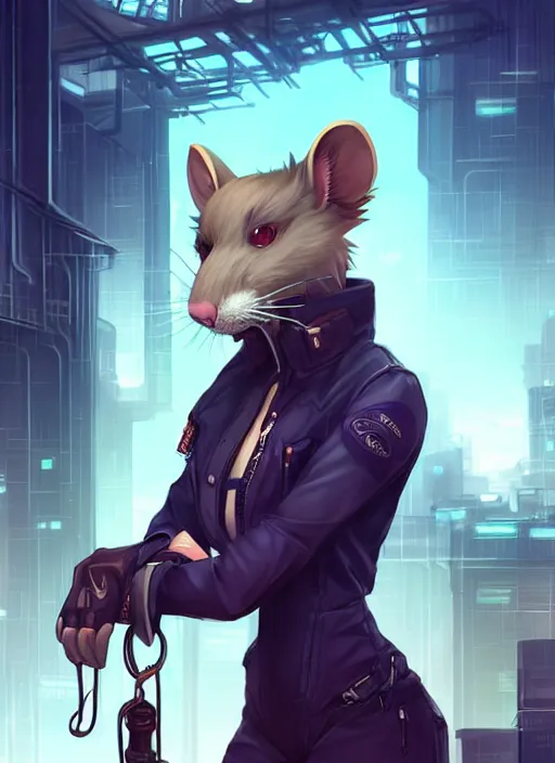 Prompt: beautiful portrait of a sexy female furry anthro rat fursona wearing mechanic clothes in a cyberpunk industrial city. character design by charlie bowater, ross tran, artgerm, and makoto shinkai, detailed, inked, manga cover, anime.