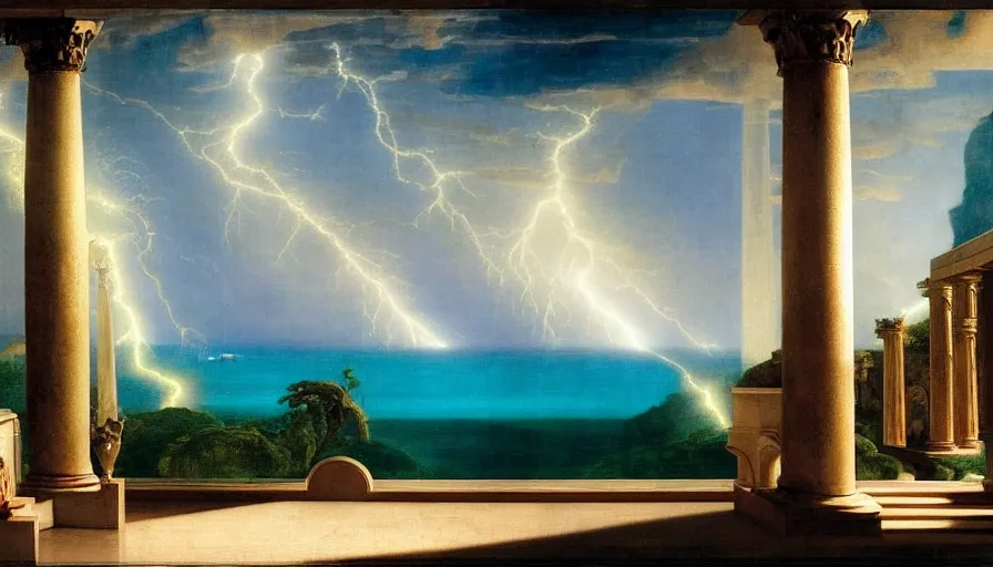 Image similar to From inside the balcony of the giant Palace, mediterranean balustrade and columns, refracted lines and sparkles, thunderstorm, greek pool, beach and Tropical vegetation on the background major arcana sky and occult symbols, by paul delaroche, hyperrealistic 4k uhd, award-winning, very detailed paradise