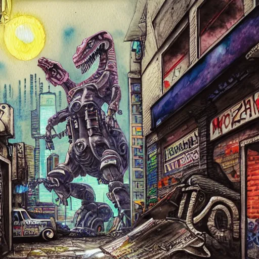 Prompt: hyper-detailed, intricate, full colour watercolor of a mecha dinosaur standing at a ghetto street corner with graffiti in the background, night, city, dark, cyberpunk, 240z, r34, impreza