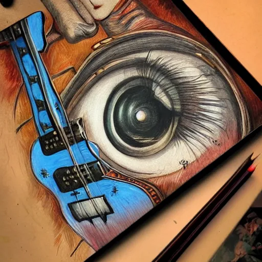 Image similar to eyes, guitar, extremely Highly detailed, Occult, funny, humorous, humor, hilarious, funny, entertaining, magical, trending on artstationHQ, closeup, D&D, intricate, elegant, highly detailed, digital painting, artstation, concept art, matte, sharp focus, illustration