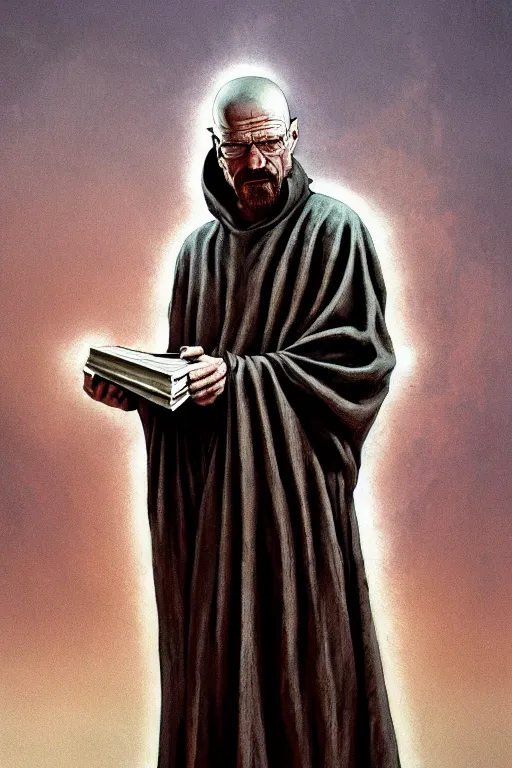 Image similar to painting of walter white as a cloaked tech priest holding a book, adeptus mechanicus!, cybernetic enhancements attached to his body, praise the omnissaiah, zdzislaw beksinski, lewis jones, mattias adolfsson, warhammer 4 0 k!!, cold hue's, warm tone gradient background, concept art, digital painting