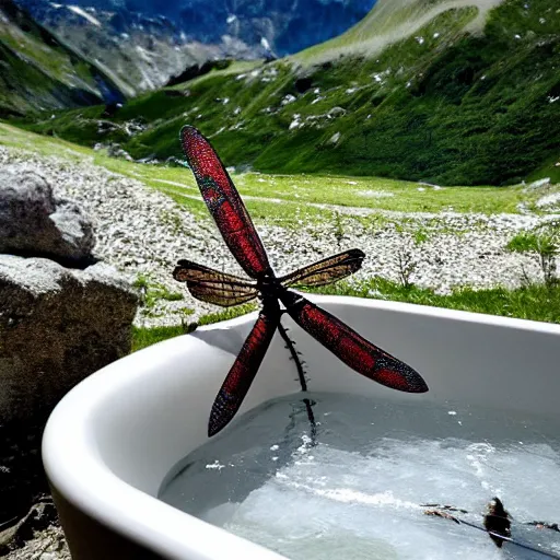 Image similar to dragonfly in a bathtub in the alps, goats!!! in background