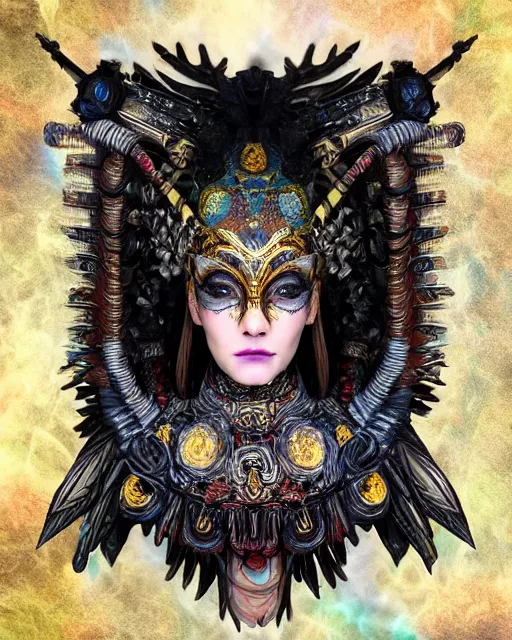 Image similar to 3 d warrior goddess medium shot portrait. beautiful intricate highly detailed magpie helm, shattered armor, kintsugi, quetzalcoatl, bioluminescent, lava, ice, in the style of chiara bautista,