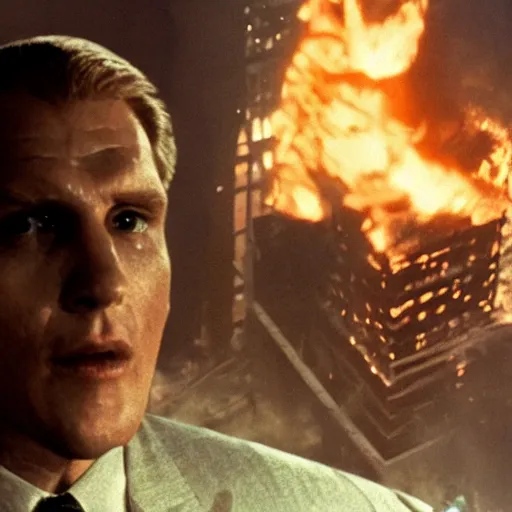 Image similar to Live Action Still of Jerma in The Towering Inferno, real life, hyperrealistic, ultra realistic, realistic, highly detailed, epic, HD quality, 8k resolution, body and headshot, film still