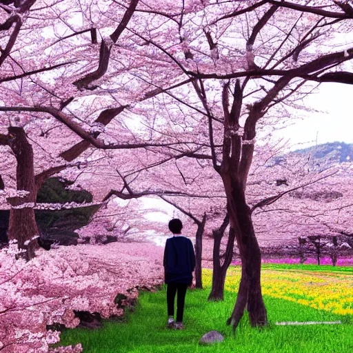 Prompt: Field full of cherry blossoms, Makoto Shinkai and Hayao Miyazaki style,