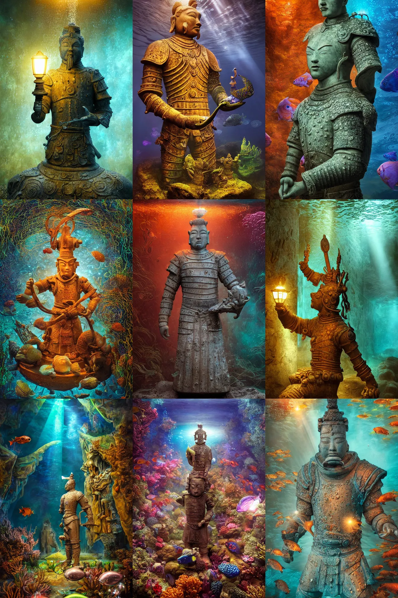 Prompt: a stunning ultra detailed underwater fantasy fine art photo of a granite statue of a terracotta warrior holding a glowing lamp, surrounded by colorful fishes, by tomasz alen kopera and anna dittman, water bubbles, very detailed, crepuscular rays underwater, deep depth of field, 5 0 mm lens, soft lighting, artstation, highly coherent, 8 k