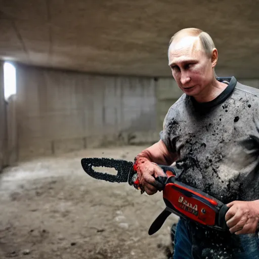 Image similar to putin with a chainsaw. in a concrete bunker with a pile of corpses. focus on putins face with blood splatters. canon eos r 3, f / 1. 4, iso 1 6 0 0, 1 / 8 0 s, 8 k, raw, grainy