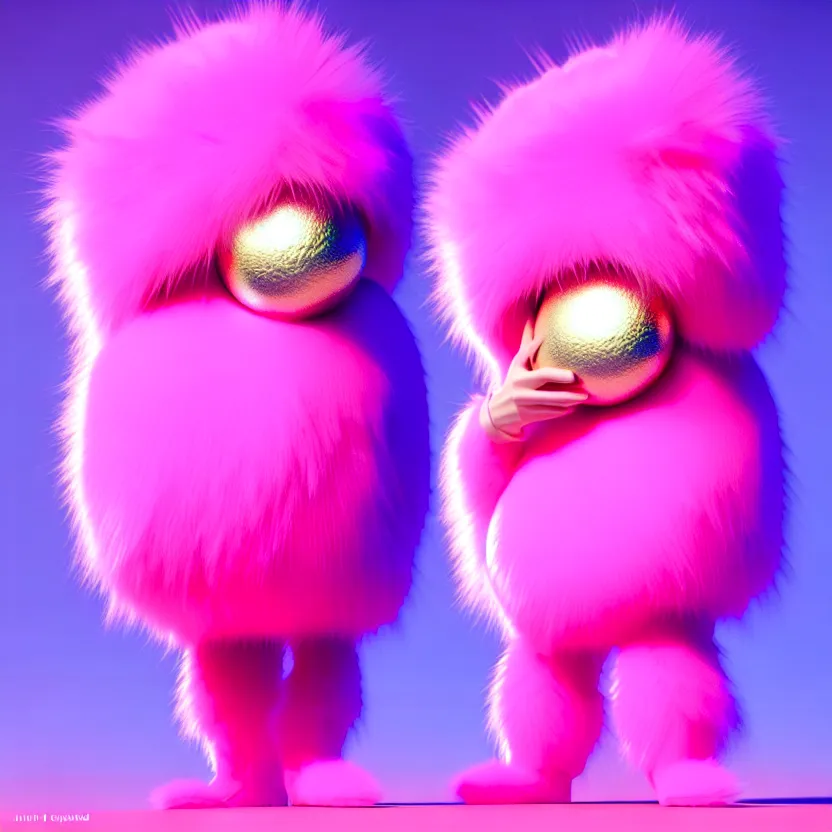 Prompt: high quality 3 d render hyperrealistic very cute pink big spherical creature, plush mascot, short spiky dense fluffy smooth hair, isometric 3 d, psychedelic lighting pink fluffy fur, 1 5 0 mm, beautiful natural soft light, rim light, smooth background, artstation, ultra detailed, elegant, ultra detailed, metallic armor, octane render