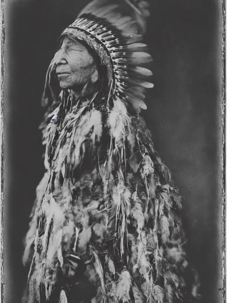 Image similar to a faded old black and white wet plate photo of a beautiful american indian female,