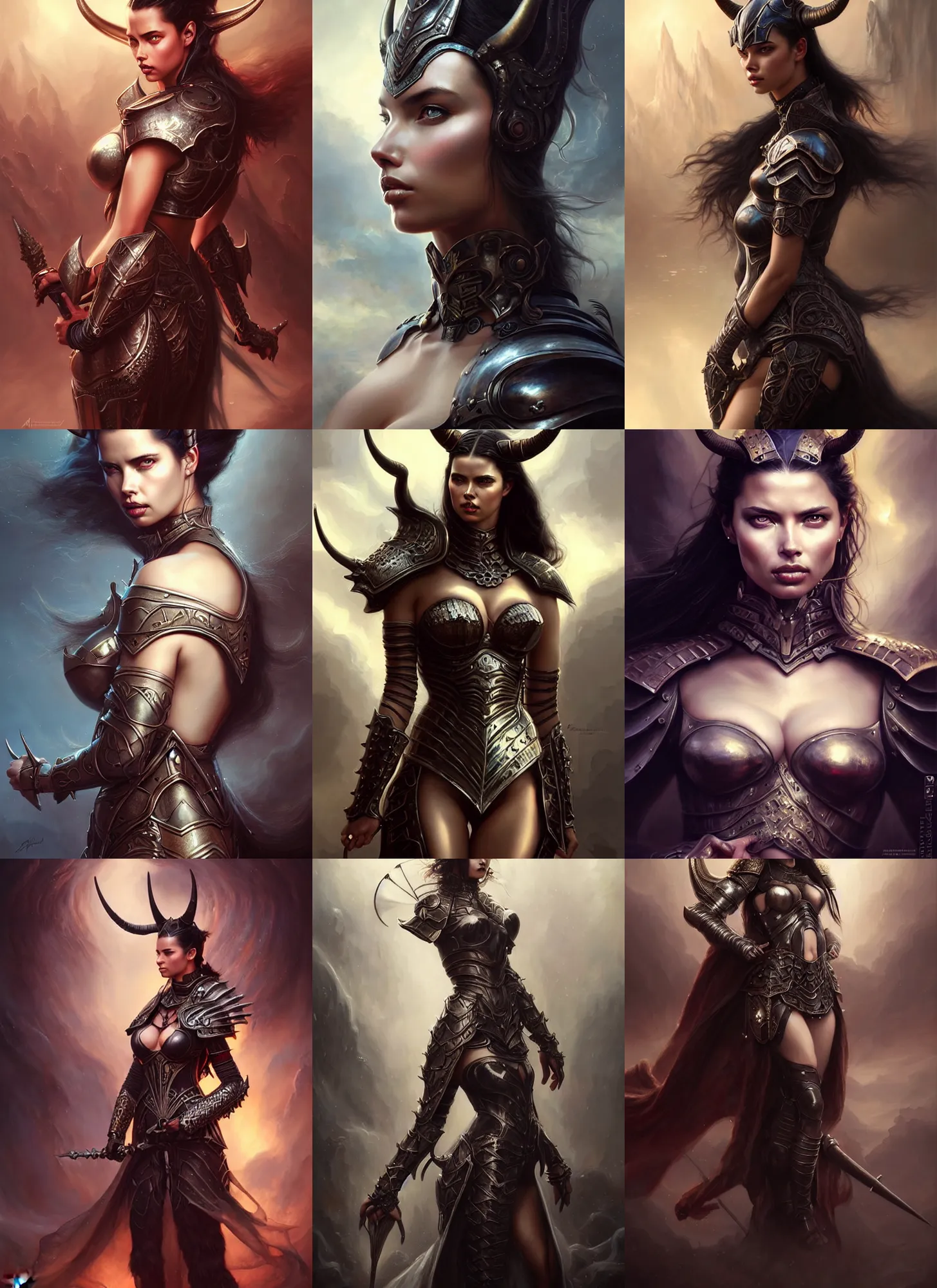 Image similar to a beautiful woman with horns and armor, victorian armor, adriana lima, painted by artgerm and tom bagshaw, fantasy art, dramatic lighting, highly detailed oil painting, volumetric lighting