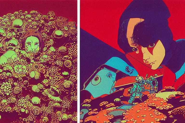 Image similar to risograph grainy drawing vintage sci - fi, satoshi kon color palette, gigantic gundam full - body covered in dead coral reef, 1 9 8 0, kodachrome, natural colors, codex seraphinianus painting by moebius and satoshi kon and dirk dzimirsky close - up portrait