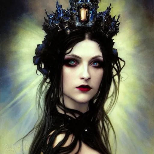 Image similar to dark goth queen with blue eyes, by jeremy mann and alphonse mucha, fantasy art, photo realistic, dynamic lighting, artstation, poster, volumetric lighting, very detailed faces, blue eyes, 4 k, award winning dark, goth, queen, dark fantasy, hyperrealistic portrait, art of elysium, full figure, very detailed face,