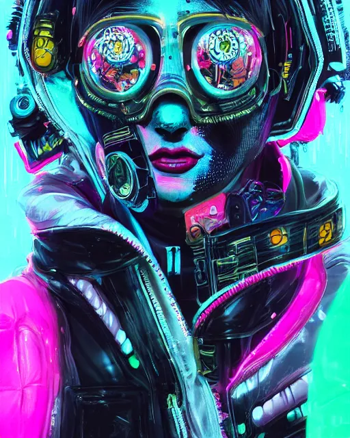 Image similar to detailed portrait Neon Operator Girl, cyberpunk futuristic neon, reflective puffer jacket, black leggings, decorated with traditional Japanese ornaments by Ismail inceoglu dragan bibin hans thoma !dream detailed portrait Neon Operator Girl, cyberpunk futuristic neon, reflective puffy coat, decorated with traditional Japanese ornaments by Ismail inceoglu dragan bibin hans thoma greg rutkowski Alexandros Pyromallis Nekro Rene Maritte Illustrated, Perfect face, fine details, realistic shaded, fine-face, pretty face