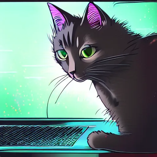 Image similar to a cat using a laptop, looking at memes, high quality anime concept art, digital art, 4k