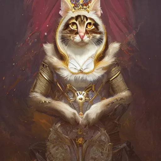 Image similar to A heraldic queen kitty cat with big cute eyes, D&D, fantasy, intricate, cinematic lighting, highly detailed, digital painting, artstation, concept art, smooth, sharp focus, illustration, art by Akihiko Yoshida, Greg Rutkowski and Alphonse Mucha