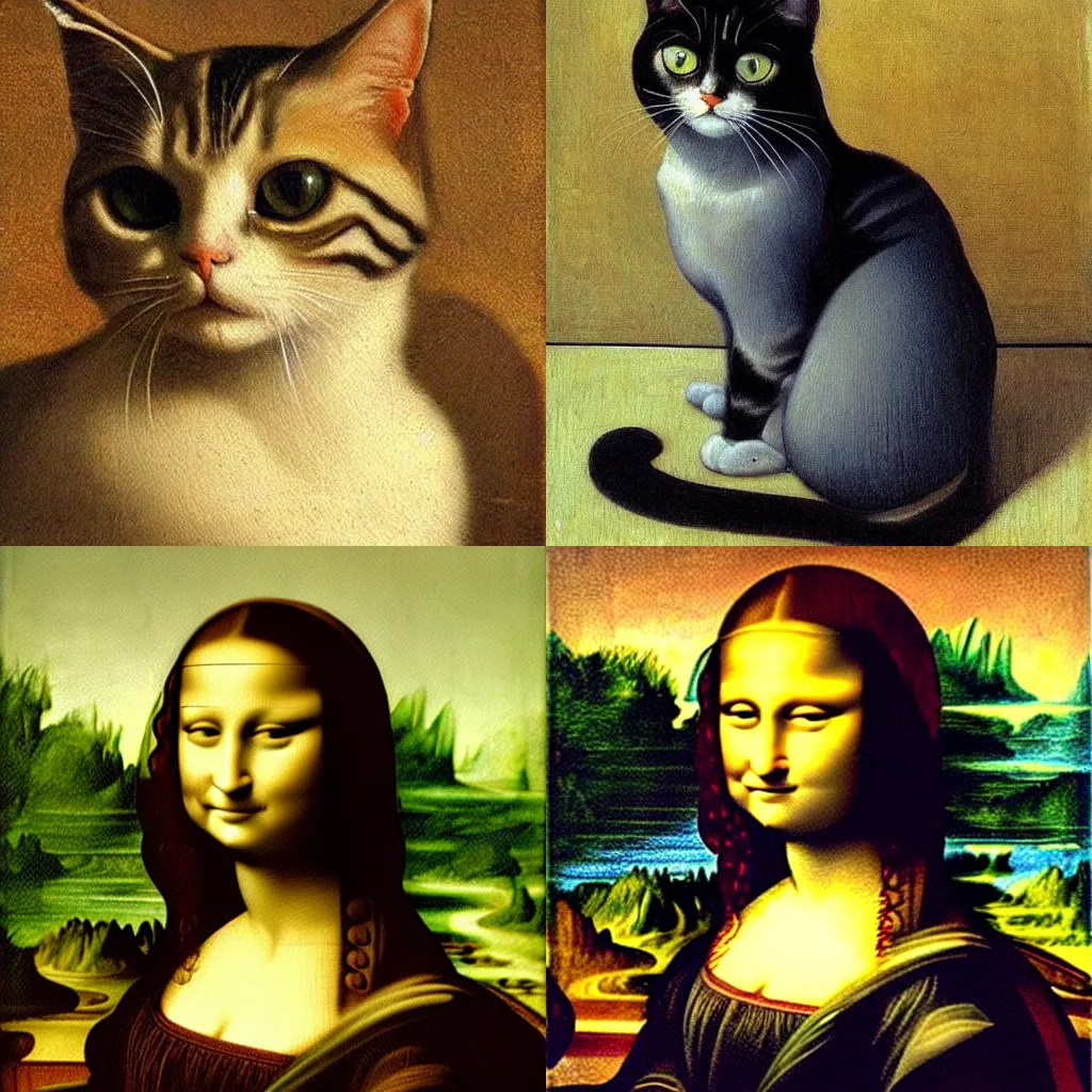 Prompt: oil painting, masterpiece, portrait of a cat, softness, fine, clear, delicate, in the style of mona lisa ， by leonardo da vinci