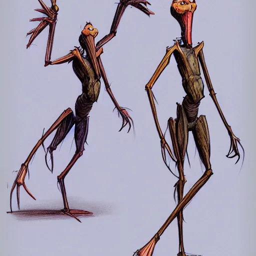 Image similar to antropromorphic stick insect, stick insect standing and talking like a human being, fantasy concept art, drawing by Don Bluth