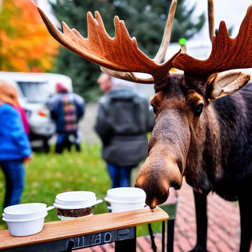 Prompt: a moose with maple leaf antlers selling coffee at a stand in woodstock vermont, realistic, 8 k