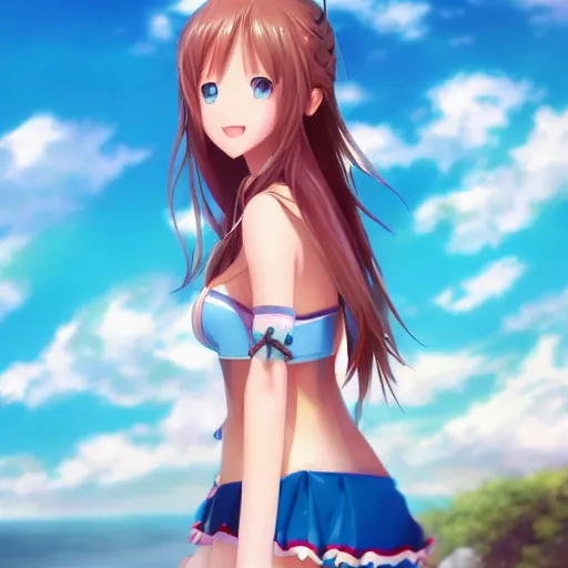 Prompt: a very beautiful yuuki asuna, full body, long wavy blond hair, sky blue eyes, full round face, bikini, miniskirt, front view, mid - shot, cute pose, highly detailed, cinematic wallpaper by stanley artgerm lau