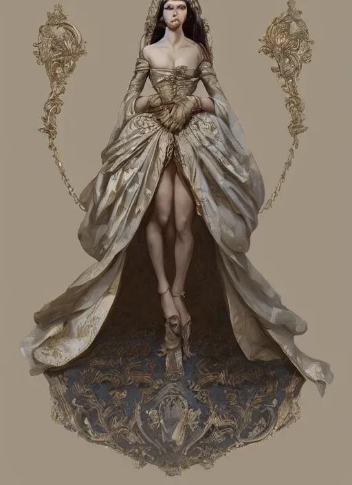 Prompt: hyper realistic photo of baroque luxury fashion queen full body, symmetric, rule of thirds, cinematic, artstation, cgsociety, greg rutkowski, james gurney brom