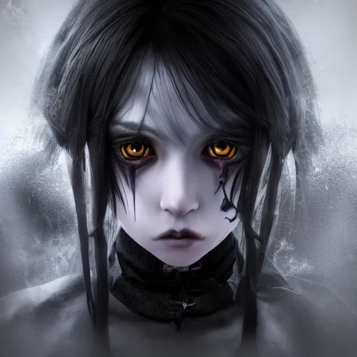 Prompt: photorealistic full shot portrait of angry darkness anime girl, dark look, inspired by Tim Burton, detailed, unreal engine 4k volumetric light, fog,