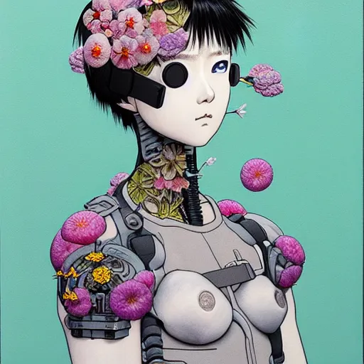 Image similar to prompt: Fragile portrait of singular persona covered with random flowers illustrated by Katsuhiro Otomo, inspired by Ghost in Shell and 1990 anime, smaller cable and cyborg parts as attributes, eyepatches, illustrative style, intricate oil painting detail, manga and anime 1990