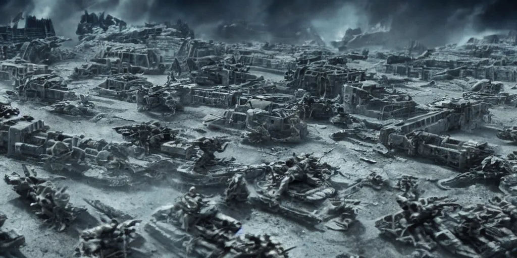 Image similar to film still of closeup futuristic god soldiers fighting in epic war, decimation, dilapidated city by emmanuel lubezki