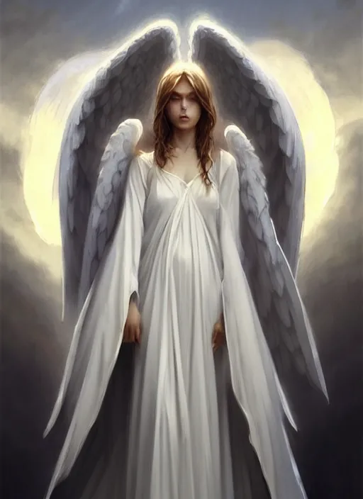 Image similar to angel in white robes. realistic shaded lighting poster by greg rutkowski, magali villeneuve, artgerm, jeremy lipkin and michael garmash, rob rey and kentaro miura style, trending on art station