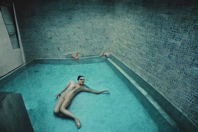 Image similar to 35mm color lomography, last photo, portrait, fashion shoot, weird, random, strange, spooky, hyperdetailed, photorealistic, high fashion, interesting, swimming pool, david cronenberg, by Mariusz Lewandowski