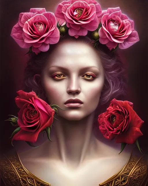 Image similar to portrait of a beautiful rose goddess, unusual beauty, esoteric, outher worldly colours, head in focus, fantasy art, ornamental rose aesthetics,, intricate, elegant, highly detailed hyperrealistic painting, artstation, concept art, painterly, golden ratio, sharp focus, illustration, art by tomasz alen kopera