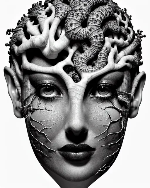 Image similar to a black and white high quality photo of a young beautiful female queen-vegetal-dragon-cyborg bust with a very long neck and Mandelbrot fractal face, Mandelbrot fractal skin, flesh, anatomical, facial muscles, veins, arteries, elegant, highly detailed, flesh highly baroque ornate, hair are wired cables, elegant, high fashion, rim light, octane render, in the style of Cindy Sherman, Realistic, Refined, Digital Art, Highly Detailed, Cinematic Lighting, rim light, black and white, photo-realistic, 8K