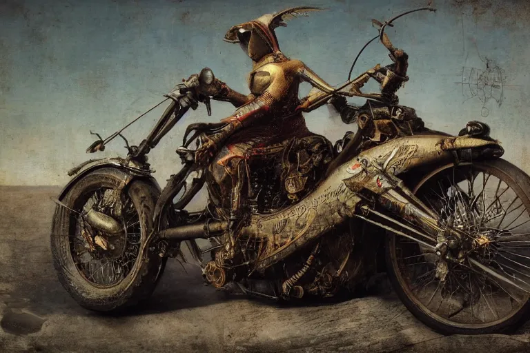 Image similar to full color hd photo of a motorcycle, octane render 4 k, by hieronymus bosch, joel peter witkin, annie liebovitz. gustave dore, hr giger, zdzisław beksinski, epic, artstation, cgisociety, weta, disney