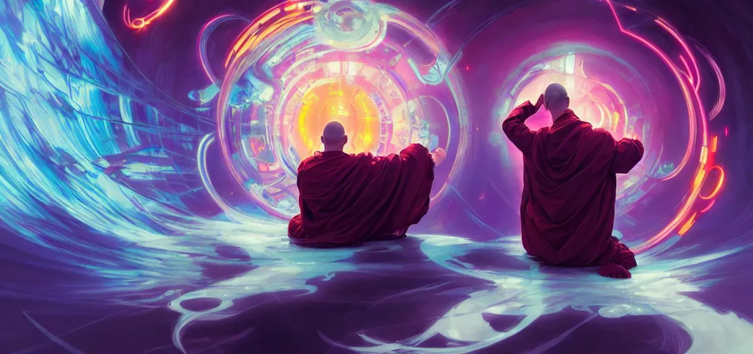 Image similar to a floating monk praying, channeling swirling energy, wearing netrunner clothing, vaporwave aesthetic, colorful, psychedelic, digital painting, artstation, concept art, smooth, sharp focus, illustration, art by artgerm and greg rutkowski and alphonse mucha