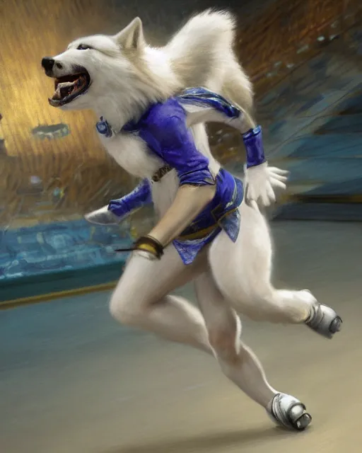 Image similar to an athletic white female anthro wolf skating at a roller derby, 4 k, furaffinity, fursona, trending on artstation, energetic, speed, motion blur, by gaston bussiere, craig mullins, sakimichan, gustav klimt, artgerm, greg rutkowski, alphonse mucha