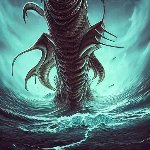 Image similar to sea monster looks like ship, deep dark sea, marine animal, highly detailed, digital painting, smooth, sharp focus, illustration, artstation