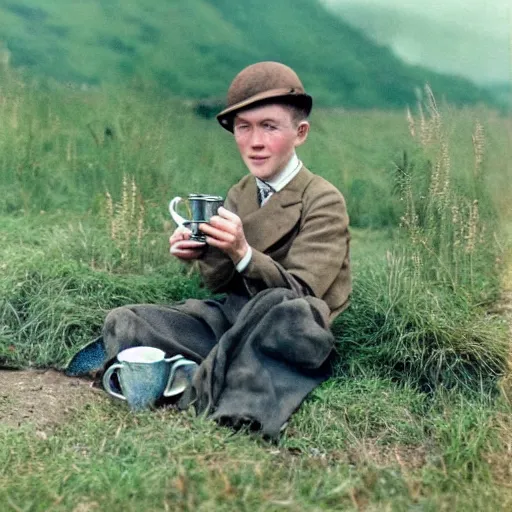 Prompt: ireland in the 1 9 3 0 s. technicolor. a boy is drinking a cup of tea in a field. soft lighting.