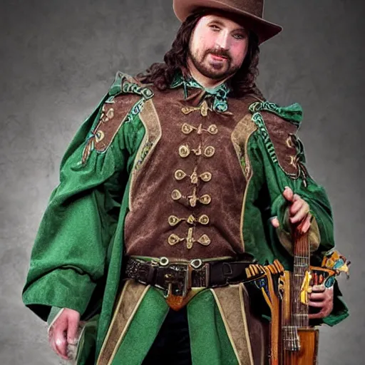 Image similar to western fantasy bard style costume design, green tone