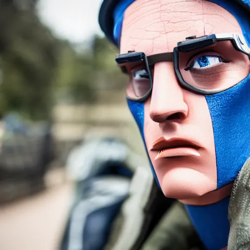 Prompt: close up of face of tf 2 blue spy, live action movie, 8 5 mm f / 1. 4