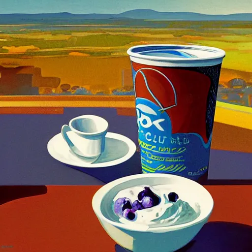 Image similar to cup of yogurt on table foreground, intricate detail, 8k optane render, background has a blue sky, optimistic colors, background by Robert McCall, solarpunk