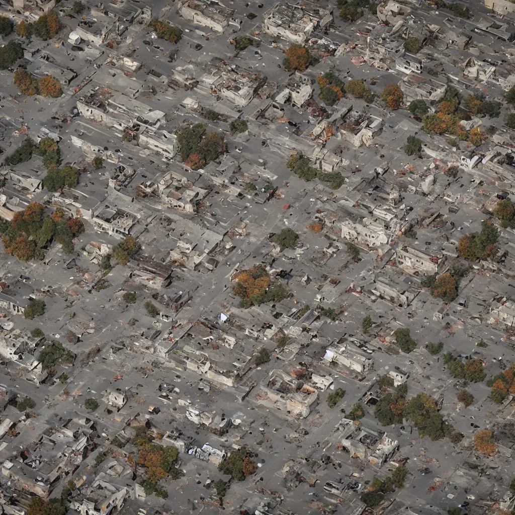 Image similar to top down aerial view of dilapidated city center in real life, desolate with zombies, dilapidated, zombies in the streets, nightmarish, some rusted style parked vehicles, sunny weather, few clouds, volumetric lighting, photorealistic, daytime, autumn, sharp focus, ultra detailed, cgsociety