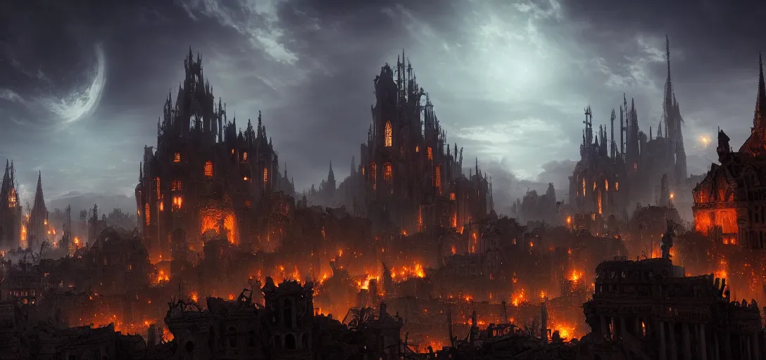 Prompt: view of an gothic city in ruins at night, crumbling castles, glowing dragons breathing fire, dramatic clouds, glowing fog, dramatic lighting, ultra detailed, sharp, ambient occlusion, raytracing, by greg rutowski, paul chadeisson and jessica rossier