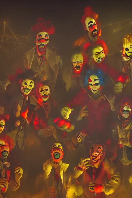 Image similar to a group of men dressed as clowns standing around tv screen in a dark foggy alley, highly detailed, trending on artstation