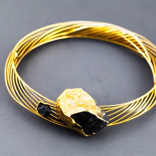 Image similar to archaic Primitive Gold Bangle, 14K Gold Wire, Single Center sinister tungsten rock , Shungite Bangle, Mineral and Gold Jewelry, Product Photography