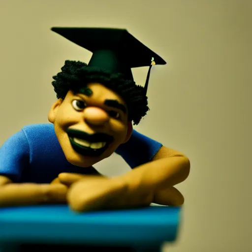 Image similar to a cinematic film still of a claymation stop motion film starring chance the rapper as a college student, shallow depth of field, 8 0 mm, f 1. 8