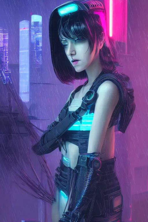 Image similar to portrait futuristic nefarious cyberpunk young female Necromancer, in futuristic rainny thunder flashing tokyo rooftop cyberpunk night, ssci-fi, fantasy, intricate, very very beautiful, elegant, neon light, highly detailed, digital painting, artstation, concept art, soft light, hdri, smooth, sharp focus, illustration, art by tian zi and craig mullins and WLOP and alphonse mucha