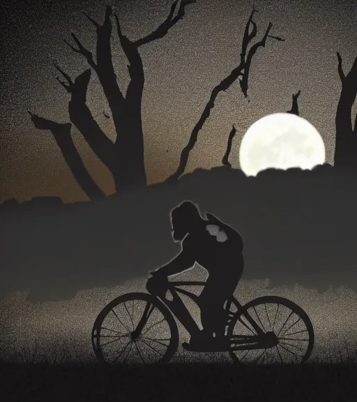 Prompt: superman riding a bike across the full moon as silhouette, from the movie e. t. the extra terrestrial, with dark trees in foreground, cinematic frame by steven spielberg, hd