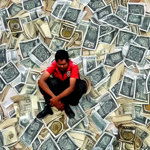 Image similar to photograph of a corrupted Bangladeshi Police officer sitting on a huge pile of cash, gold and coins